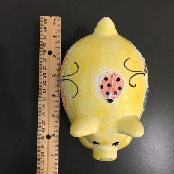 Piggy Bank Yellow Ceramic With butterfly Collectable - Picture 7 of 8